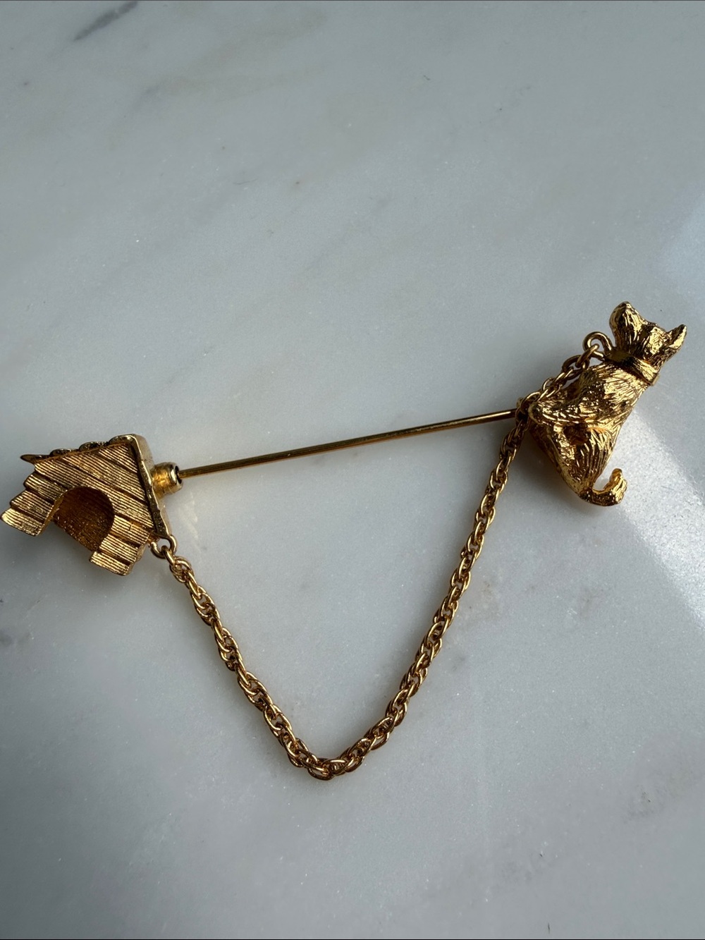 Vintage Trifari Gold Dog and Doghouse Chain Lapel Pin